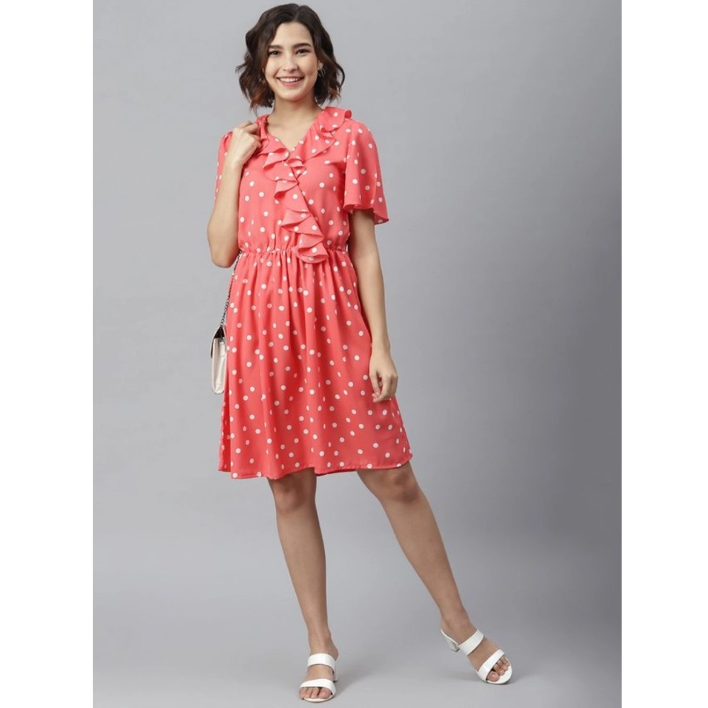 Polyester Polka Flutter Above Knee Dress (Coral) - Image 5