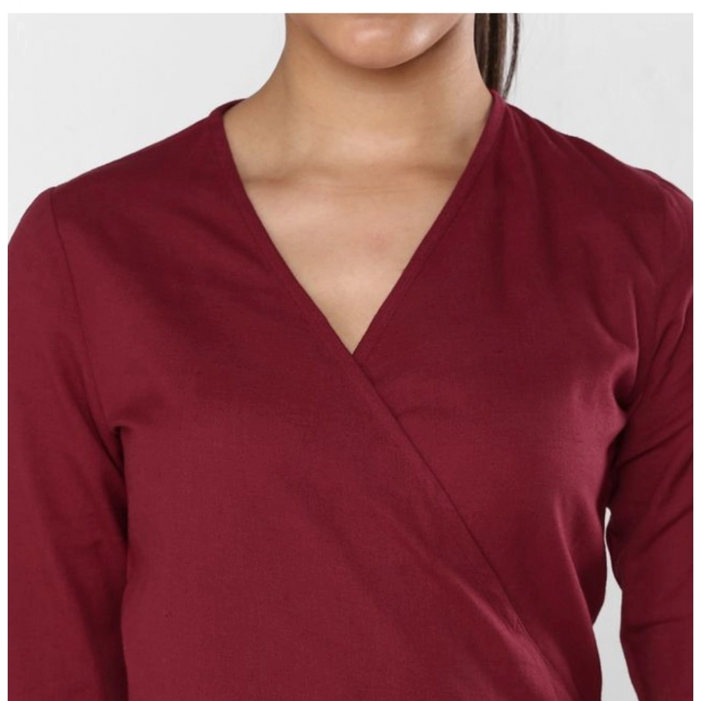 Cotton Solid 3-4th Sleeves Above Knee Dress (Maroon) - Image 2