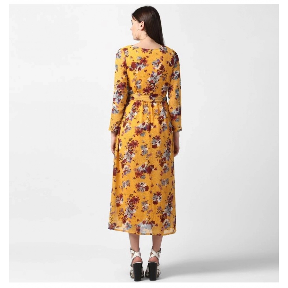 Polyester Floral Long Sleeves Calf-length Dress (Yellow) - Image 6