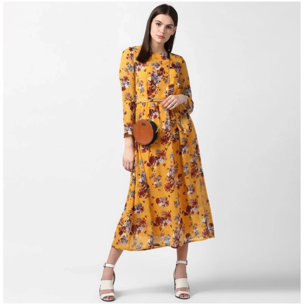 Polyester Floral Long Sleeves Calf-length Dress (Yellow) - Image 5