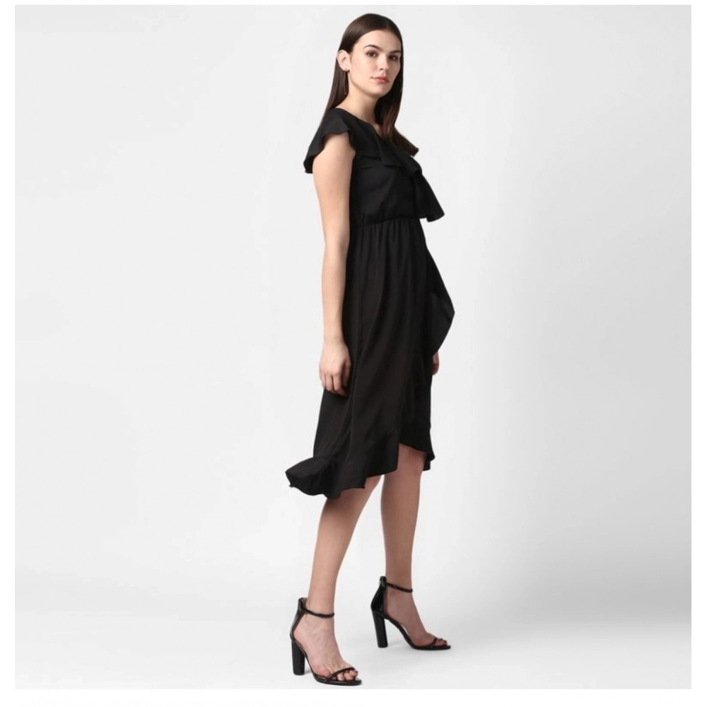 Polyester Ruffled Cap Sleeve Knee-Length Dress (Black) - Image 3
