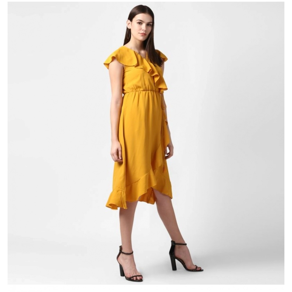 Polyester Ruffled Cap Sleeve Knee-Length Dress (Yellow) - Image 3