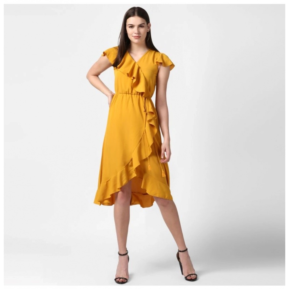 Polyester Ruffled Cap Sleeve Knee-Length Dress (Yellow) - Image 5