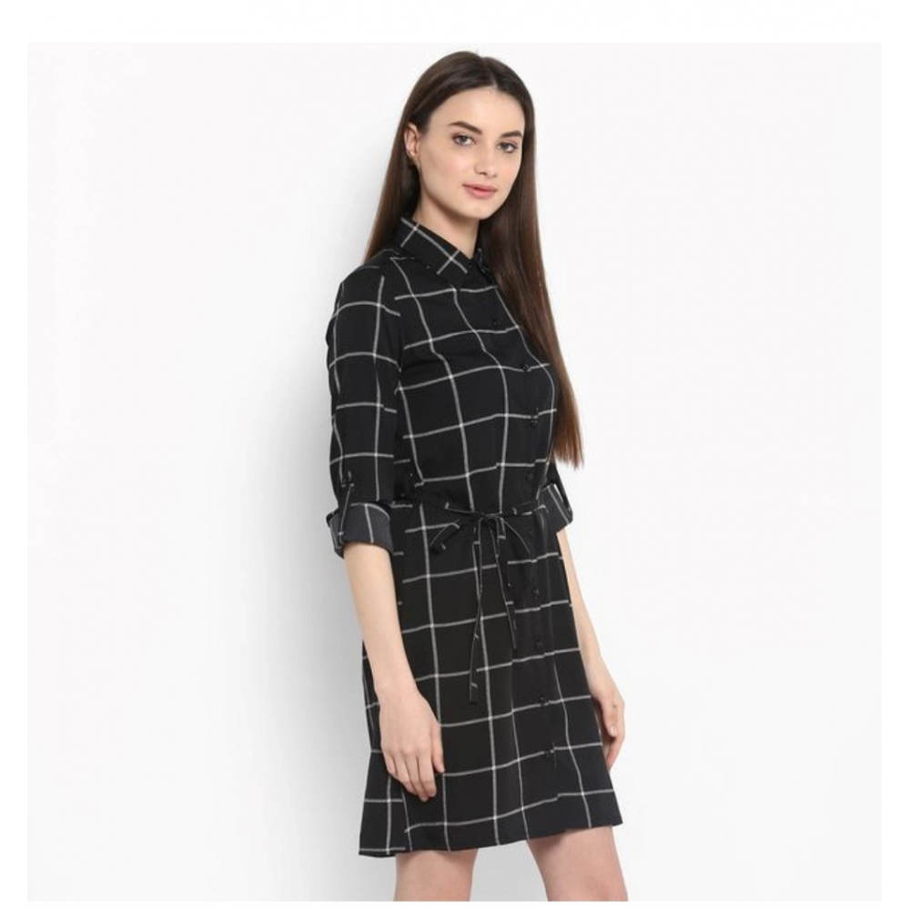 Polyester Checkered Roll Up Sleeve Above Knee Dress (Black - White) - Image 4