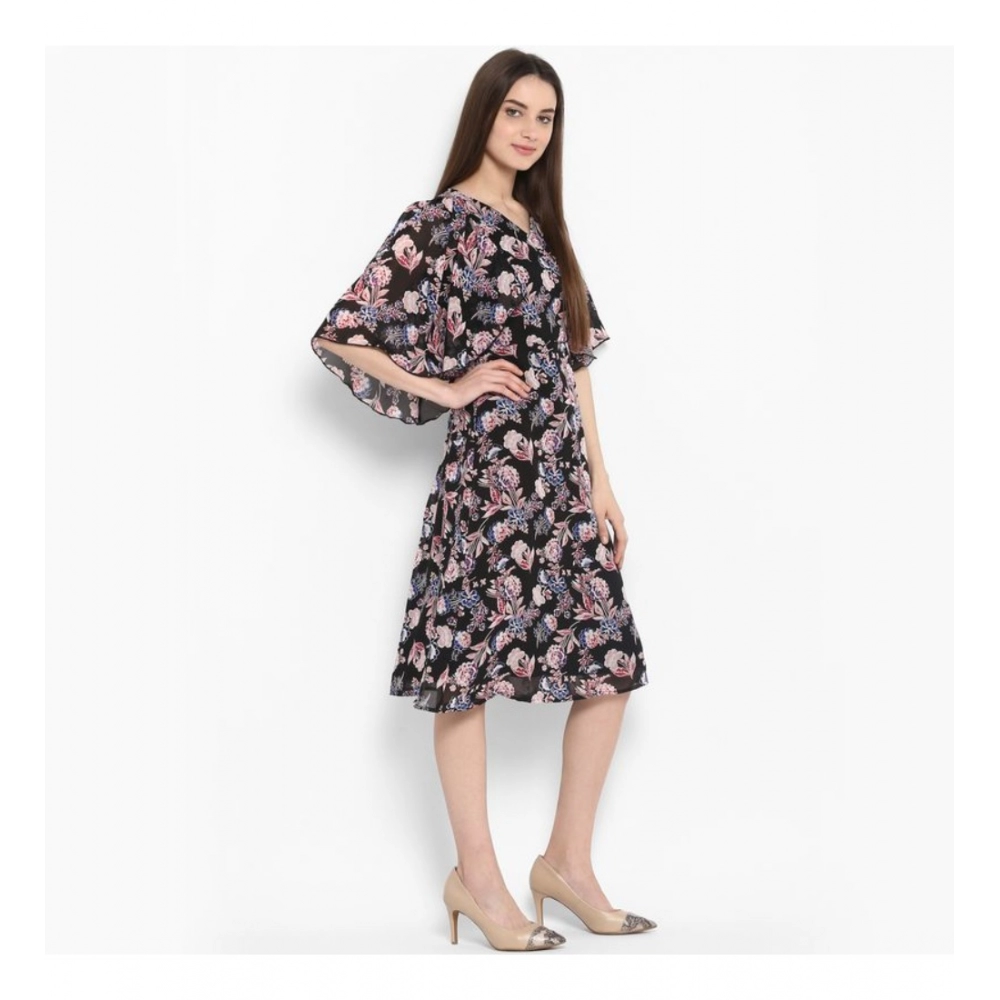 Polyester Floral Short Sleeve Knee-Length Dress (Black - Multicolor) - Image 4