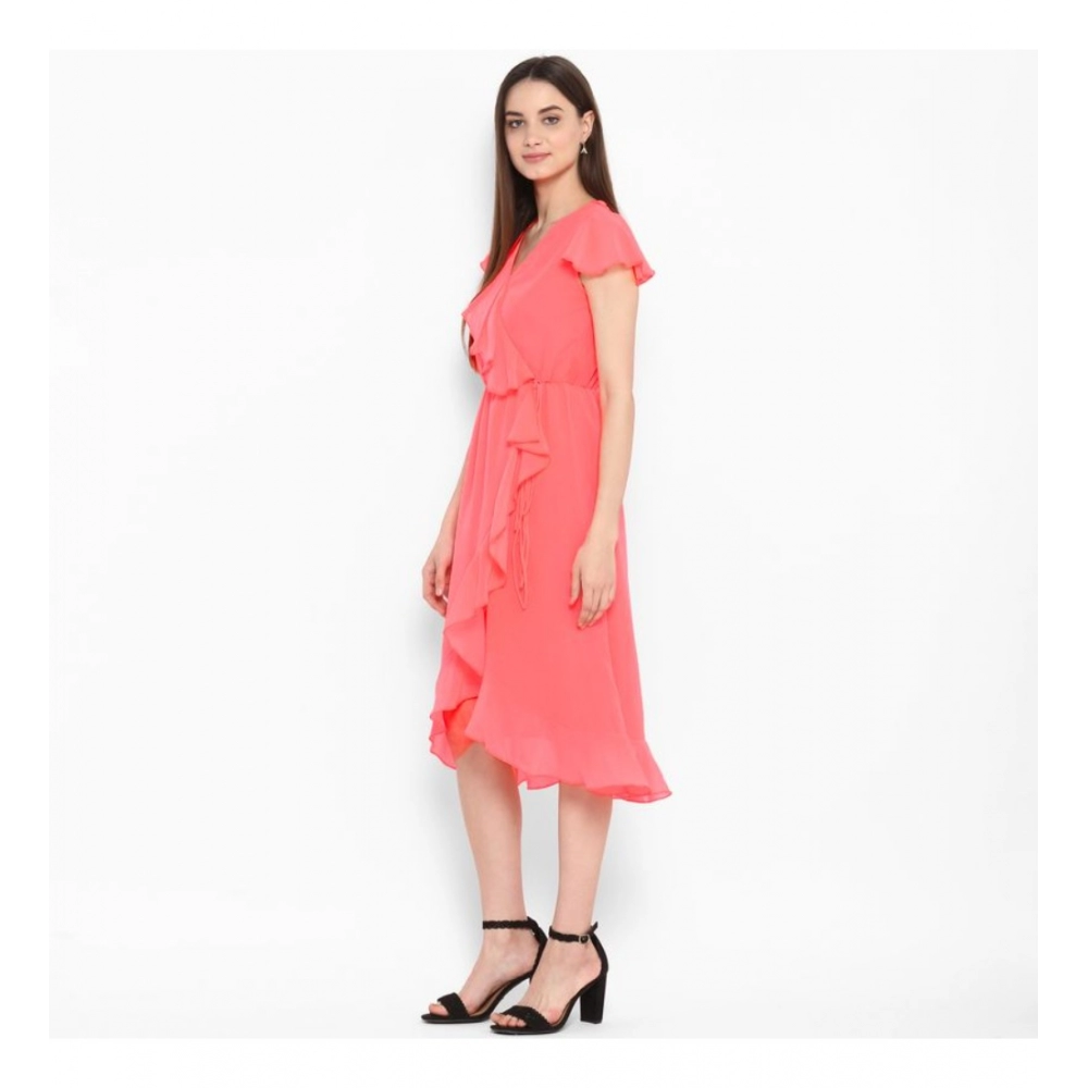 Polyester Ruffled Cap Sleeve Below Knee Dress (Coral Pink) - Image 3