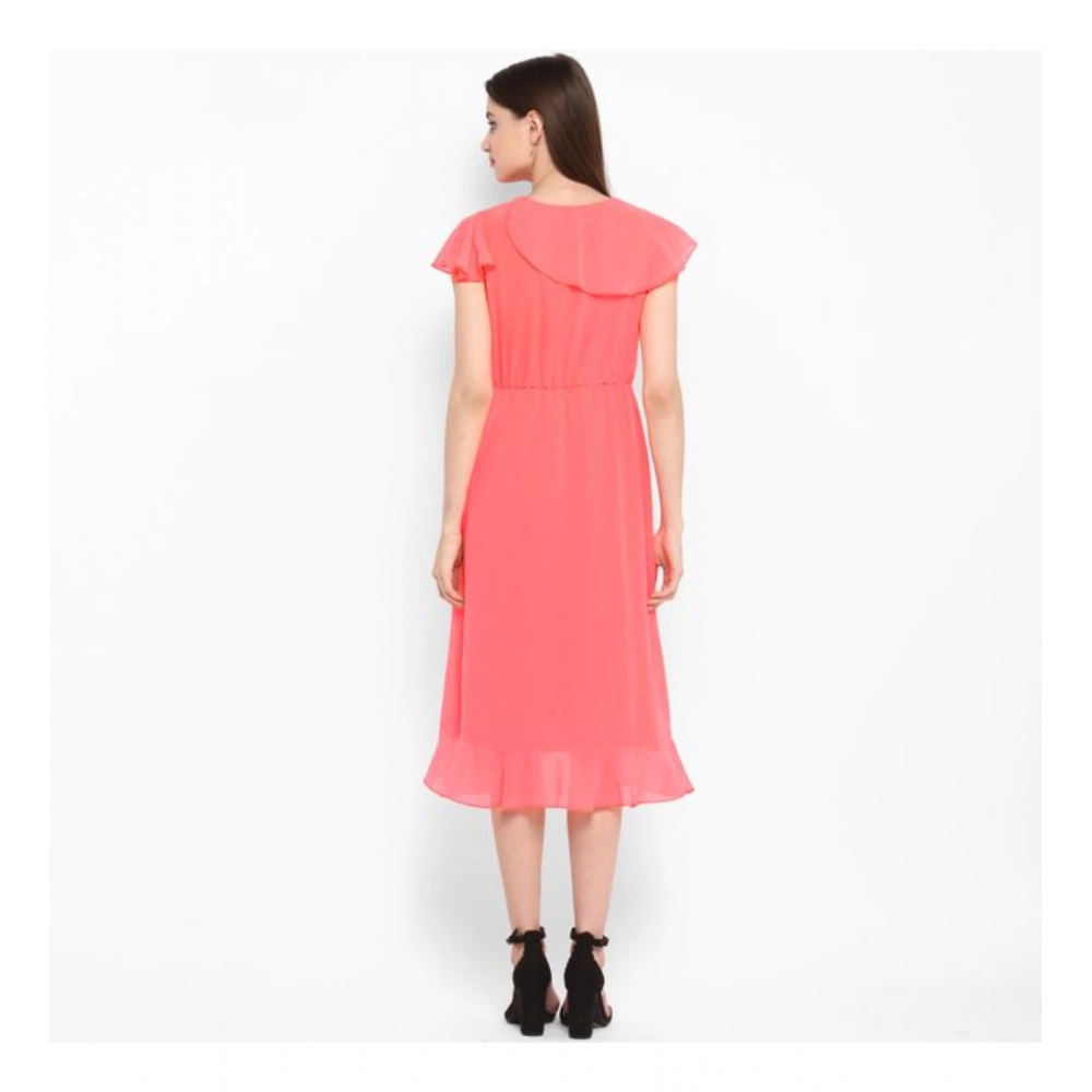 Polyester Ruffled Cap Sleeve Below Knee Dress (Coral Pink) - Image 7