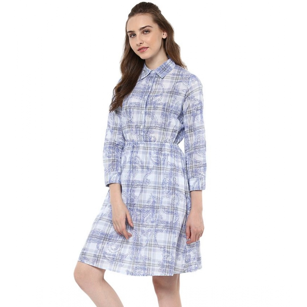 Cotton Checkered Roll Up Sleeve Above Knee Dress (Blue) - Image 3
