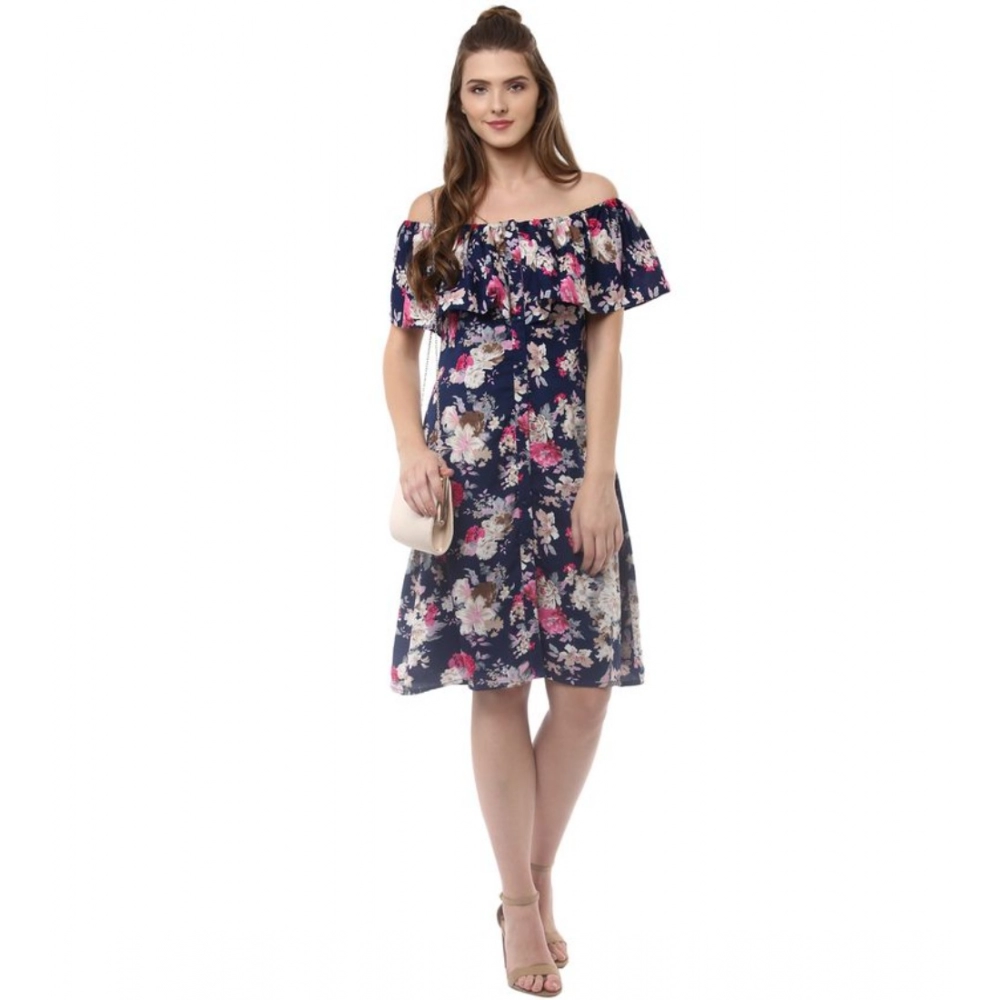 Polyester Crepe Floral Half Sleeve Above Knee Dress (Navy Blue) - Image 6