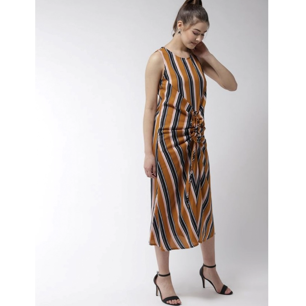 Polyester Striped Sleeveless Below Knee Dress (Mustard) - Image 5