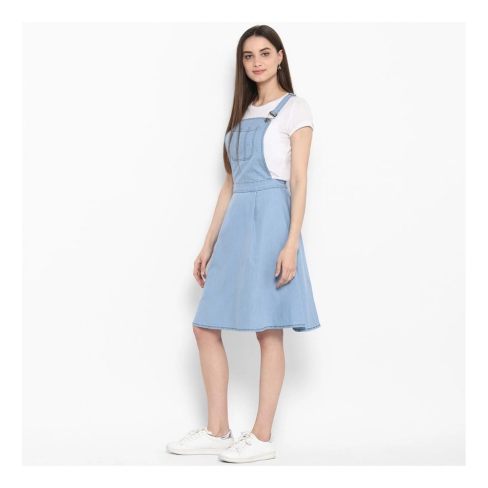 Denim Solid Sleeveless Above Knee Dress (Blue) - Image 3
