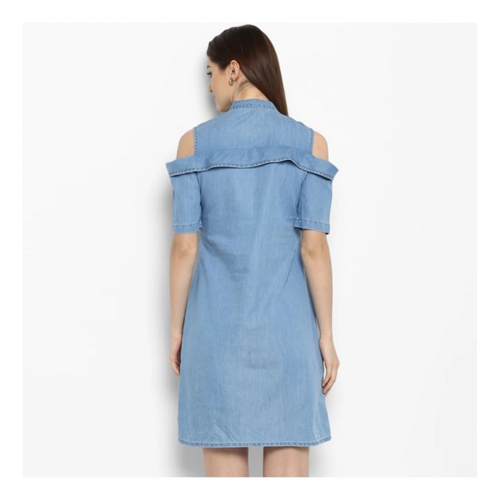 Denim Solid Cold Shoulder Above Knee Dress (Blue) - Image 7