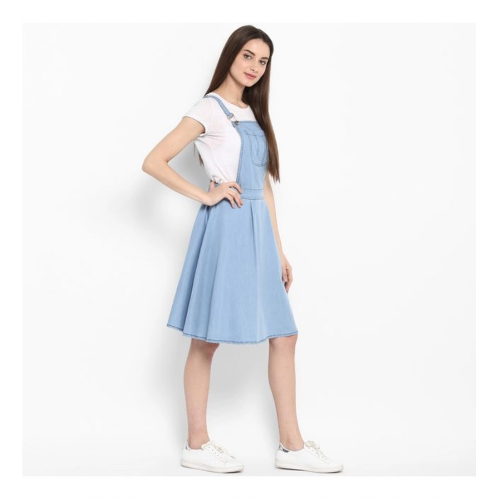 Denim Solid Sleeveless Above Knee Dress (Blue) - Image 4