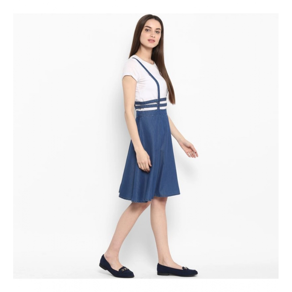 Denim Solid Shoulder Straps Below Knee Dress (Blue) - Image 4