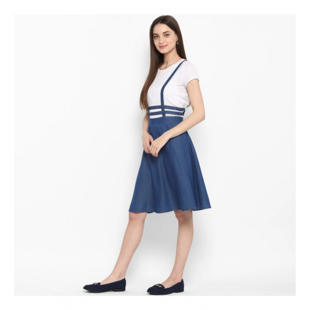 Denim Solid Shoulder Straps Below Knee Dress (Blue) - Image 3