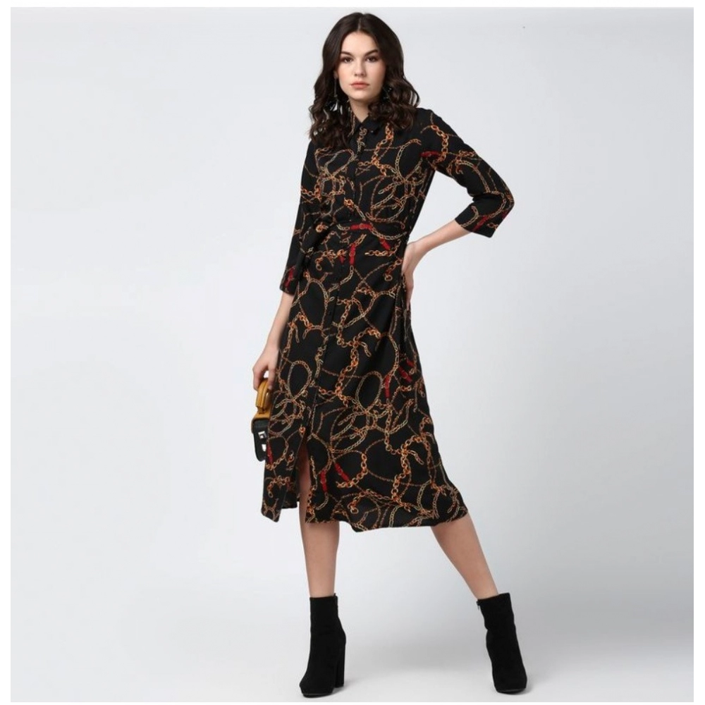 Polyester Chain Print Roll Up Sleeve Below Knee Dress (Black - Yellow) - Image 6