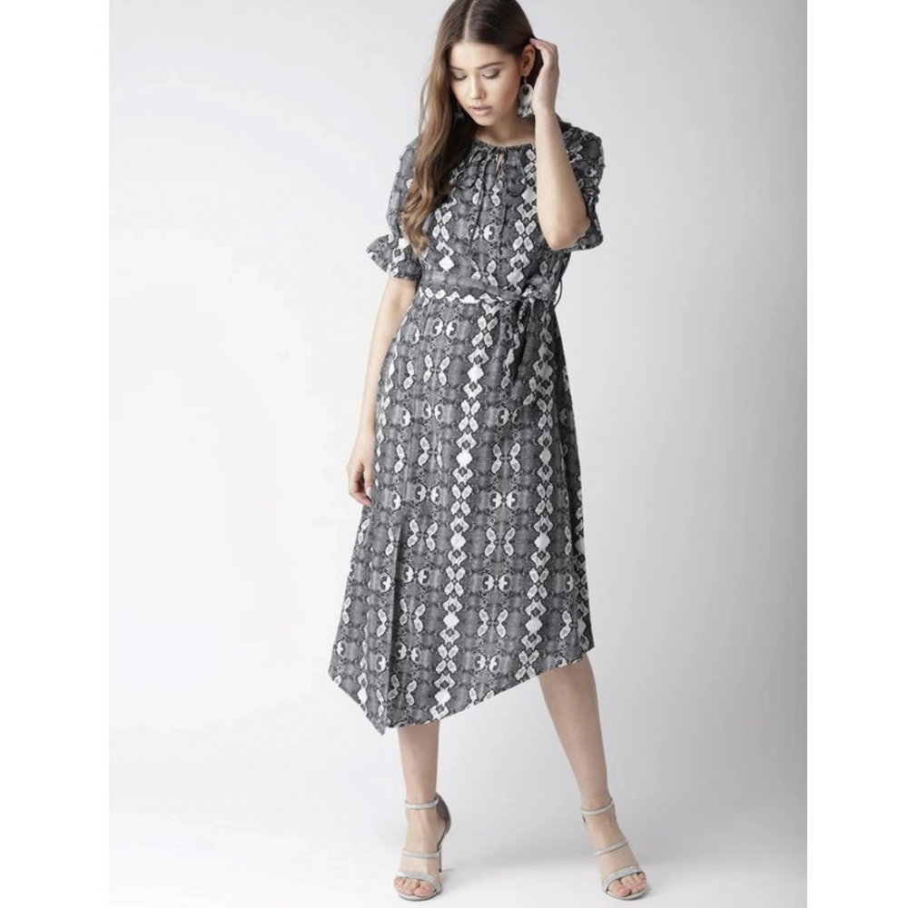 Polyester Animal Print Short Sleeve Knee-Length Dress (Black - White) - Image 6