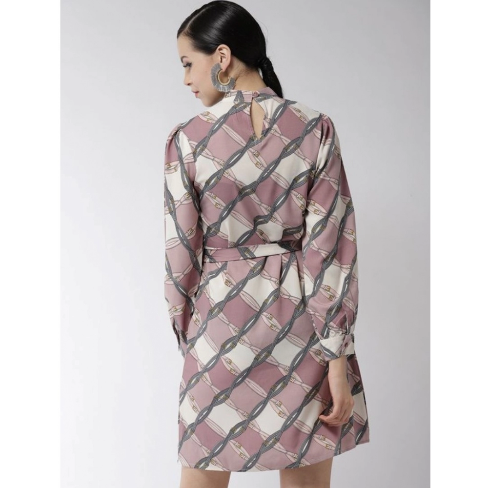 Polyester Checkered Long Sleeves Above Knee Dress (Off White - Lavender) - Image 6