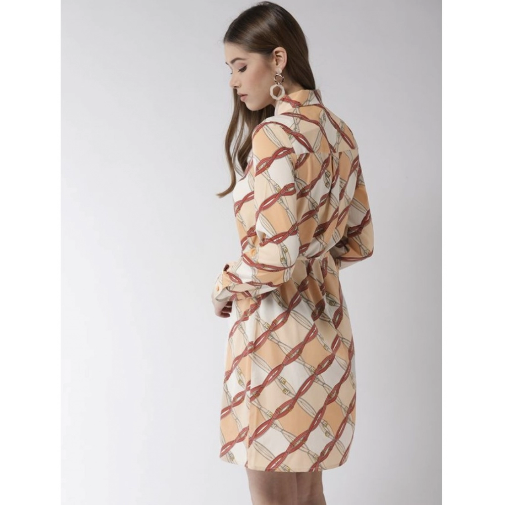 Polyester Printed Roll Up Sleeve Above Knee Dress (Off White - Brown) - Image 5