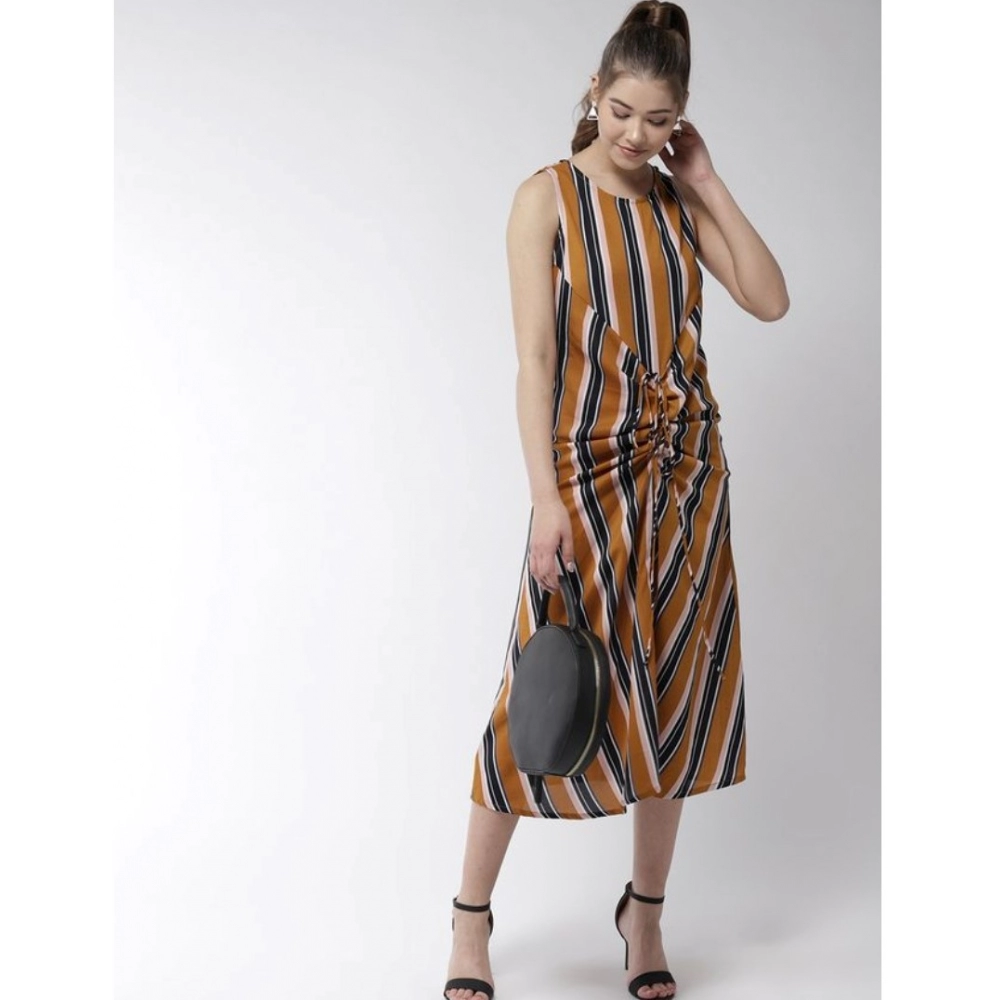 Polyester Striped Sleeveless Below Knee Dress (Mustard) - Image 3