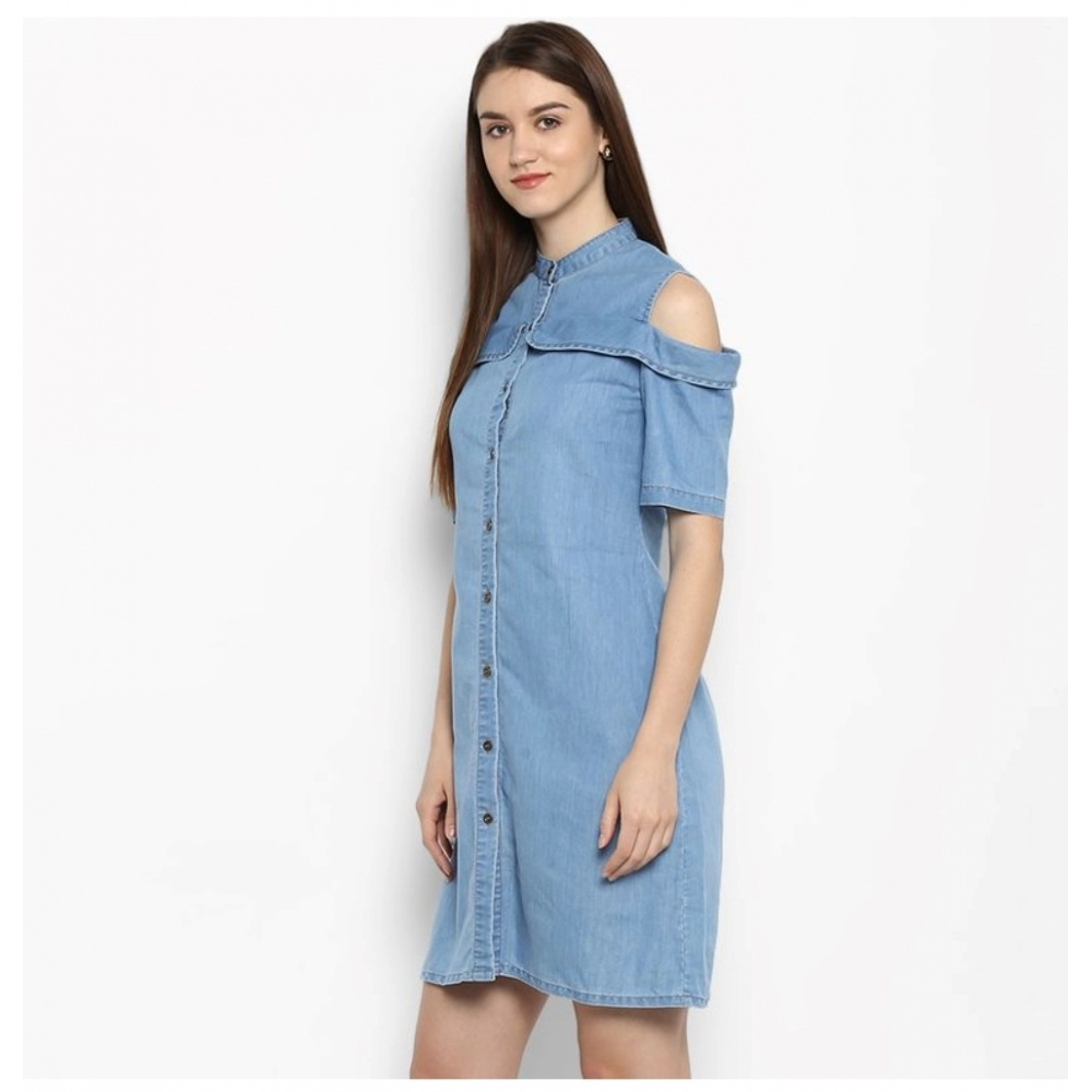 Denim Solid Cold Shoulder Above Knee Dress (Blue) - Image 3