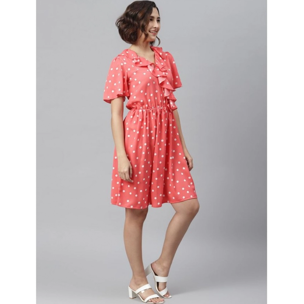 Polyester Polka Flutter Above Knee Dress (Coral) - Image 3