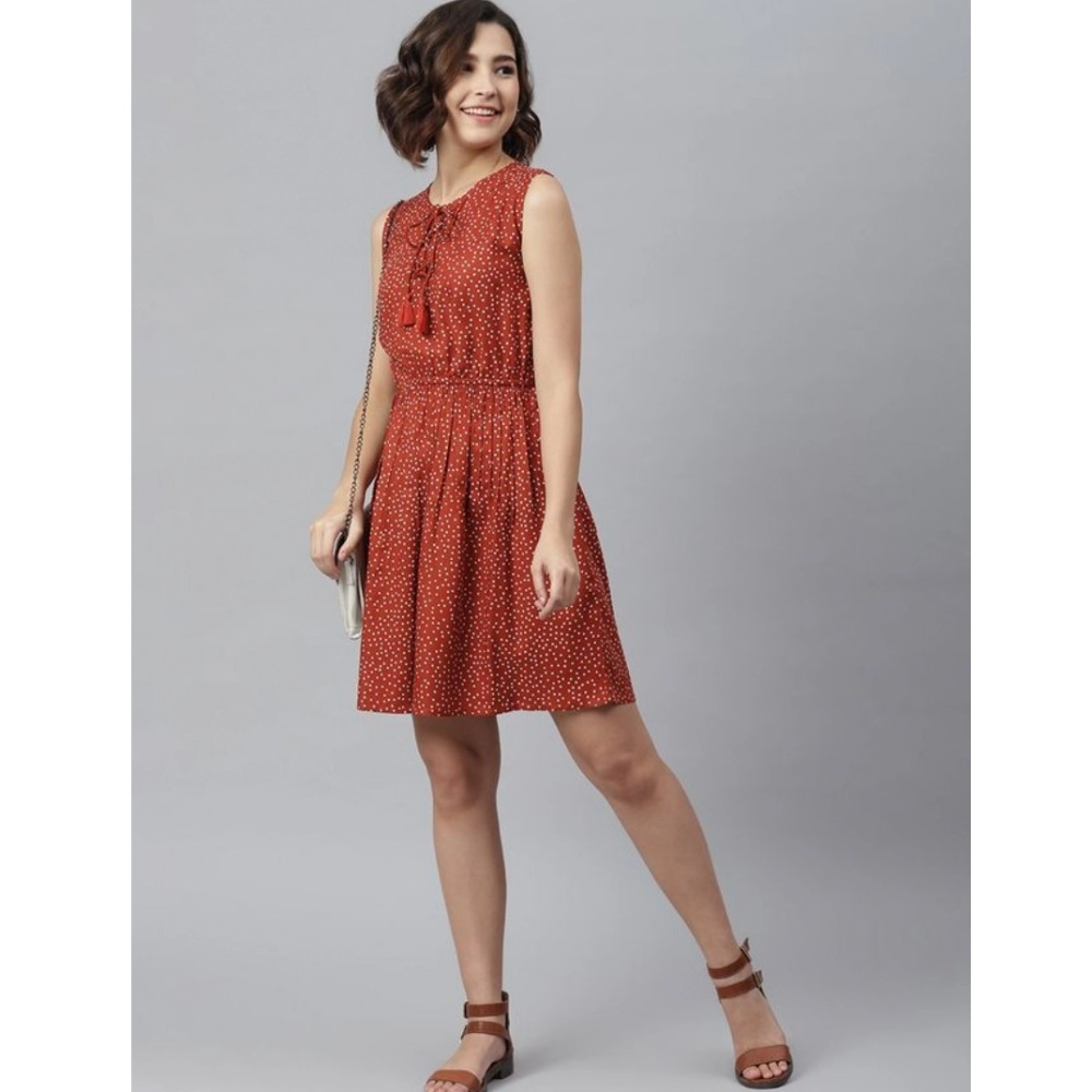 Rayon Polka Sleeveless Above Knee Dress (Rust) - Image 5