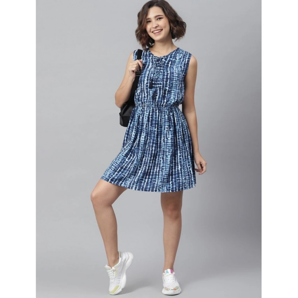 Rayon Tie & Dye Sleeveless Above Knee Dress (Blue) - Image 5