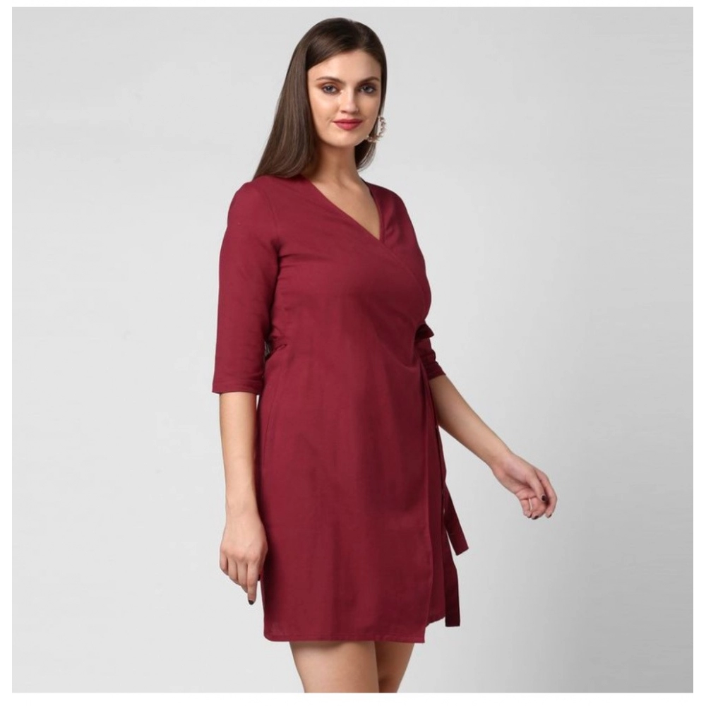 Cotton Solid 3-4th Sleeves Above Knee Dress (Maroon) - Image 3