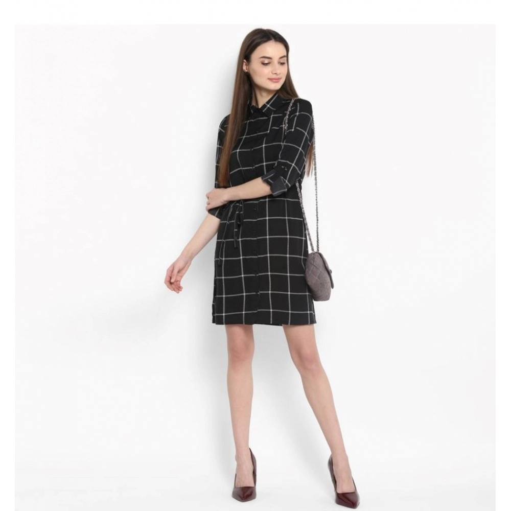 Polyester Checkered Roll Up Sleeve Above Knee Dress (Black - White) - Image 6