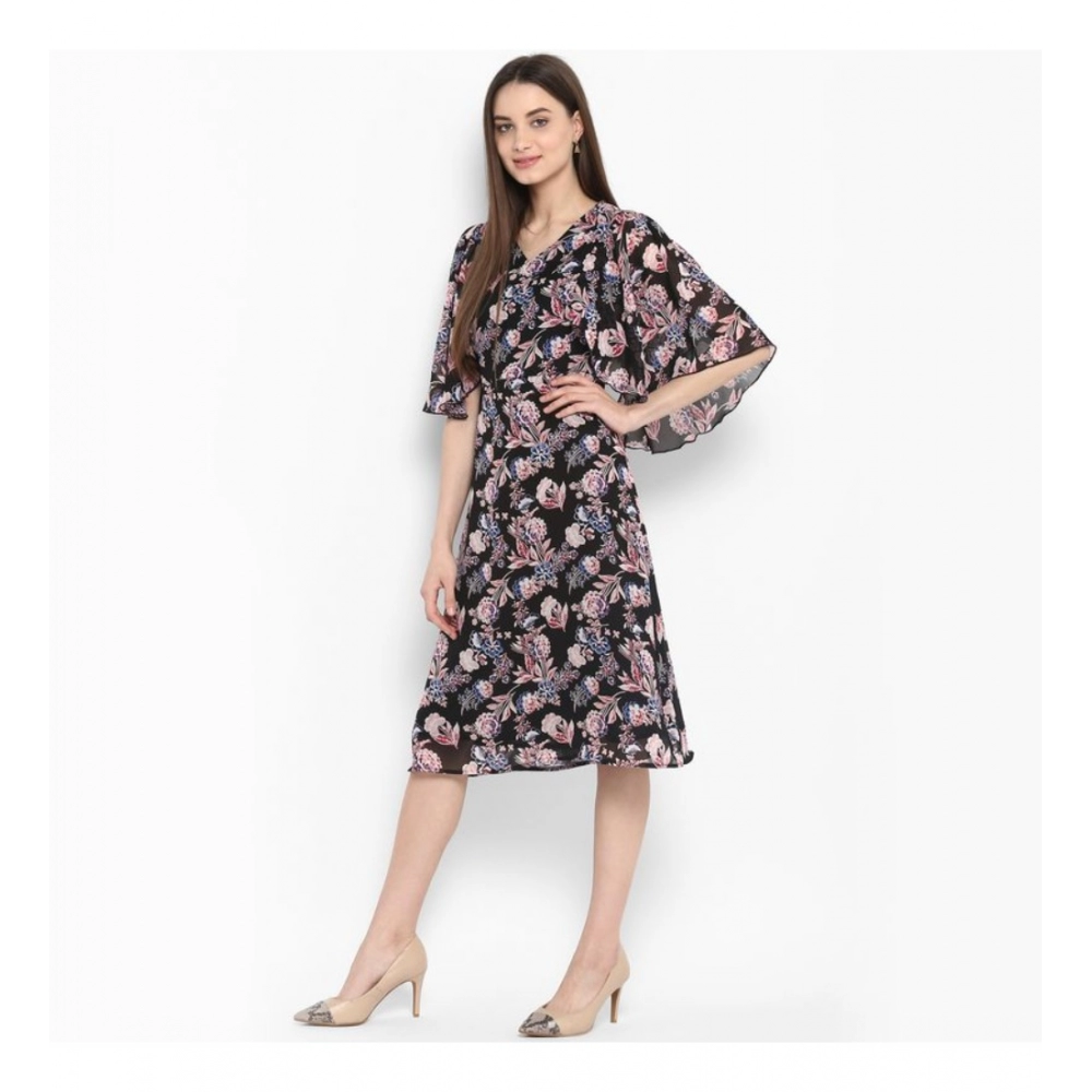 Polyester Floral Short Sleeve Knee-Length Dress (Black - Multicolor) - Image 3