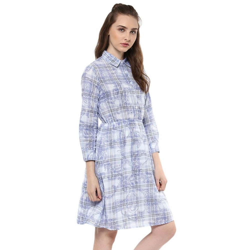 Cotton Checkered Roll Up Sleeve Above Knee Dress (Blue) - Image 4