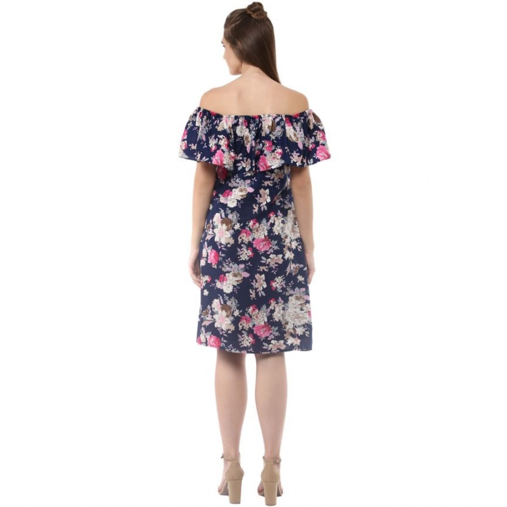Polyester Crepe Floral Half Sleeve Above Knee Dress (Navy Blue) - Image 7