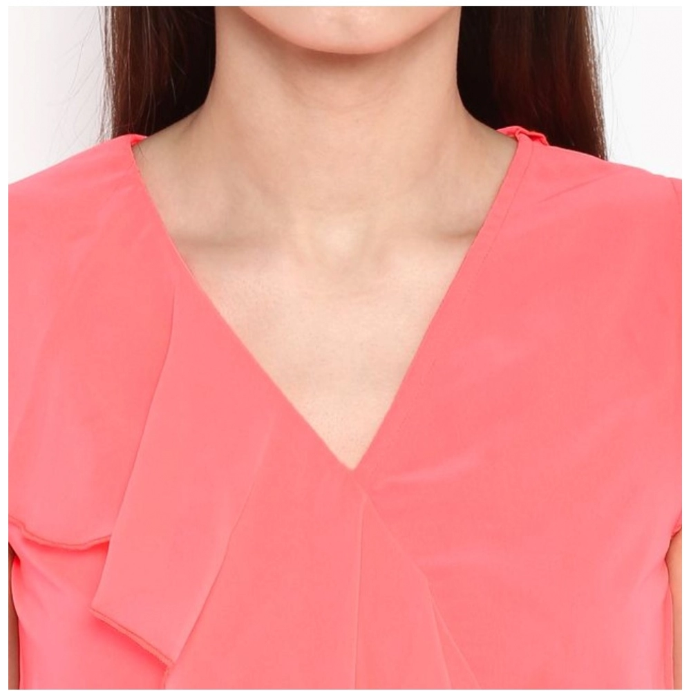 Polyester Ruffled Cap Sleeve Below Knee Dress (Coral Pink) - Image 2