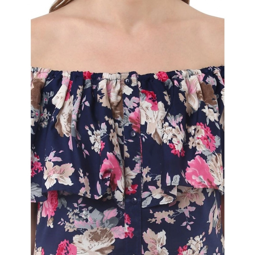 Polyester Crepe Floral Half Sleeve Above Knee Dress (Navy Blue) - Image 2