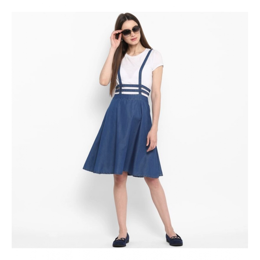 Denim Solid Shoulder Straps Below Knee Dress (Blue) - Image 6