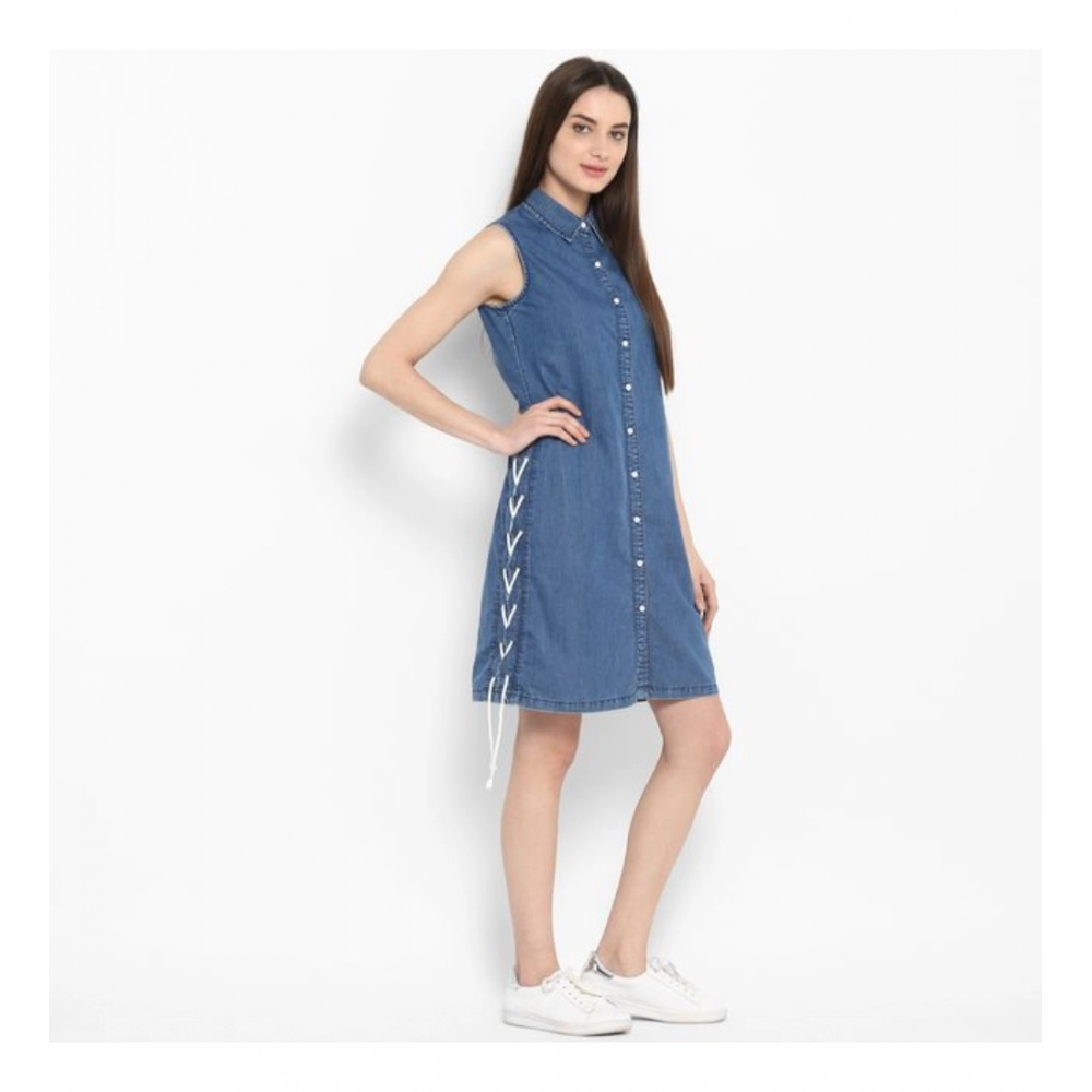 Denim Solid Sleeveless Above Knee Dress (Blue) - Image 4