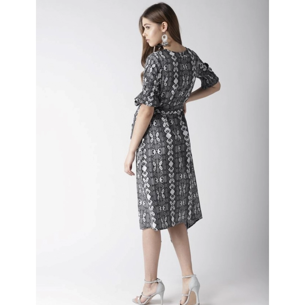 Polyester Animal Print Short Sleeve Knee-Length Dress (Black - White) - Image 7