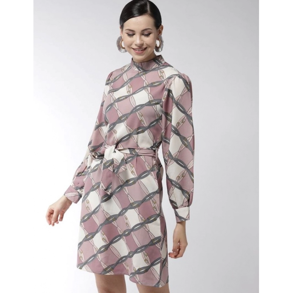 Polyester Checkered Long Sleeves Above Knee Dress (Off White - Lavender) - Image 3