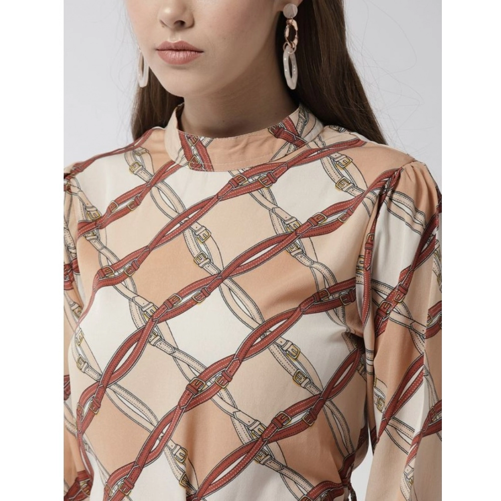Polyester Checkered Long Sleeves Above Knee Dress (Off White - Brown) - Image 2