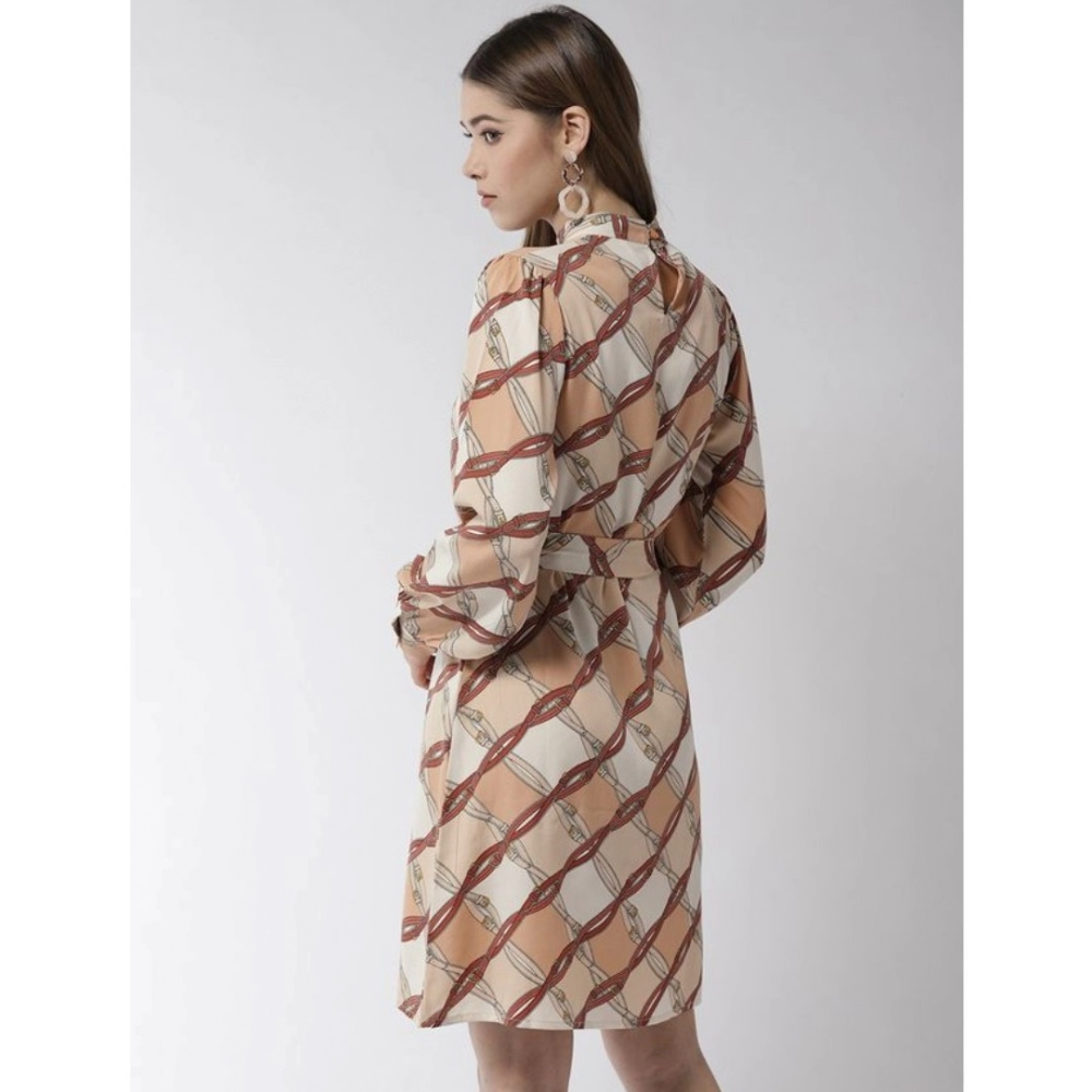 Polyester Checkered Long Sleeves Above Knee Dress (Off White - Brown) - Image 6