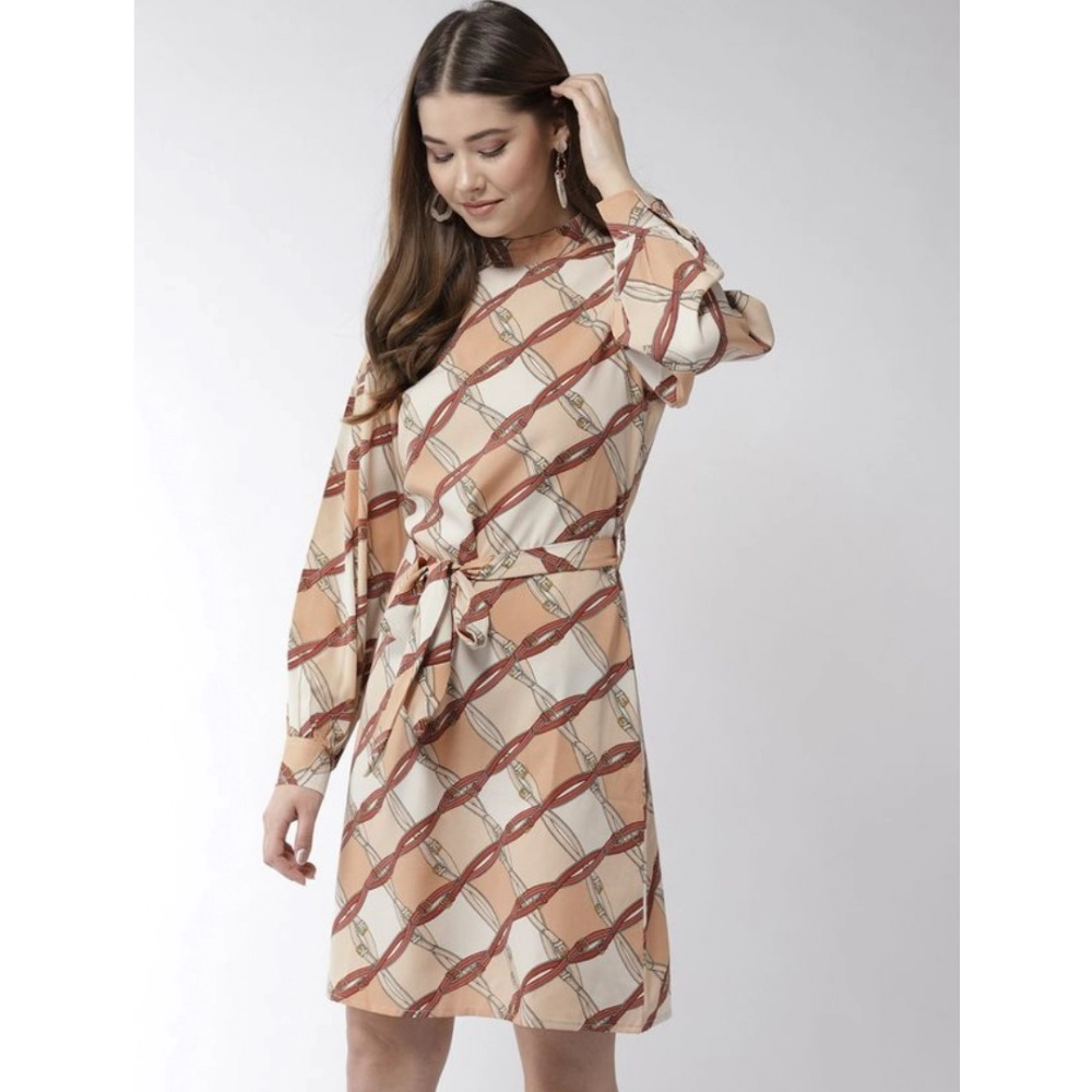 Polyester Checkered Long Sleeves Above Knee Dress (Off White - Brown) - Image 3