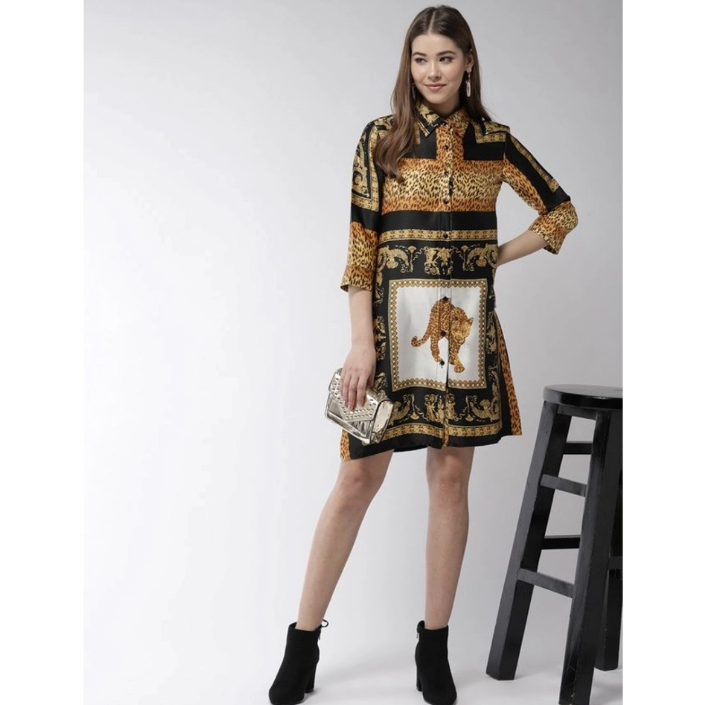 Satin Animal Print 3-4th Sleeves Above Knee Dress (White - Orange) - Image 3