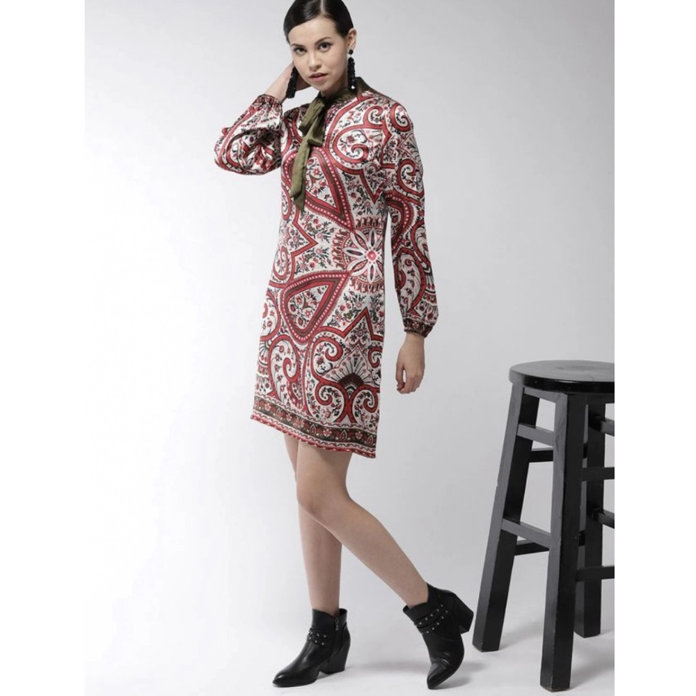 Polyester Printed Long Sleeves Above Knee Dress (Red) - Image 3