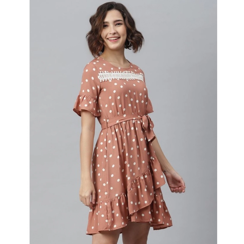 Polyester Polka Bell Sleeve Above Knee Dress (Brown) - Image 3