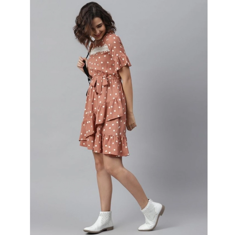 Polyester Polka Bell Sleeve Above Knee Dress (Brown) - Image 5