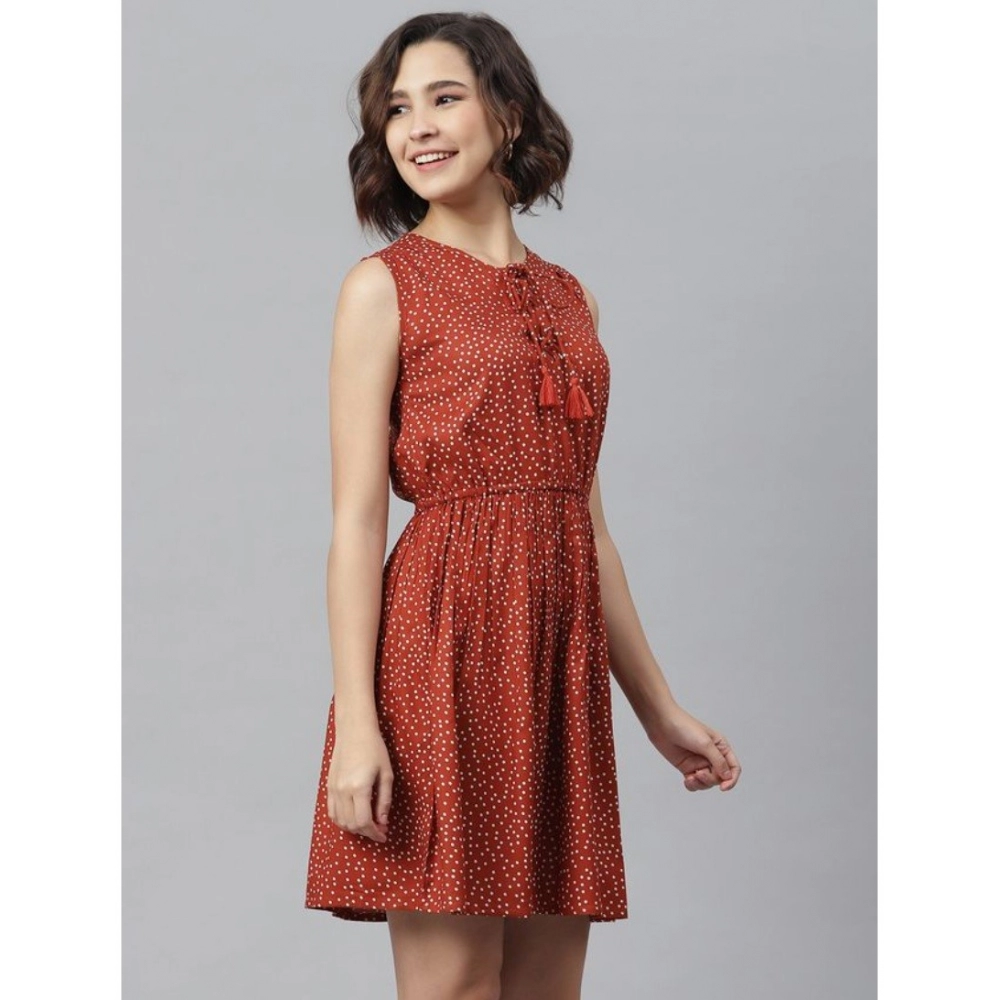 Rayon Polka Sleeveless Above Knee Dress (Rust) - Image 3