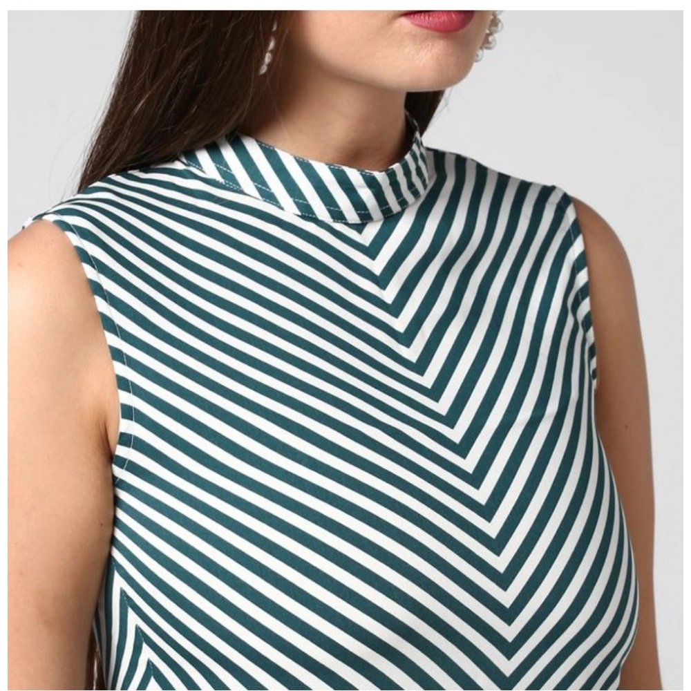 Polyester Striped Sleeveless Above Knee Dress (Green) - Image 2
