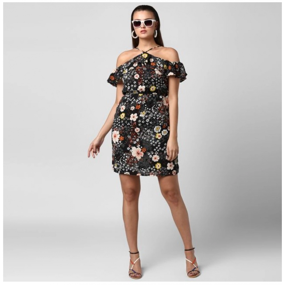 Polyester Floral Cold Shoulder Above Knee Dress (Black) - Image 6