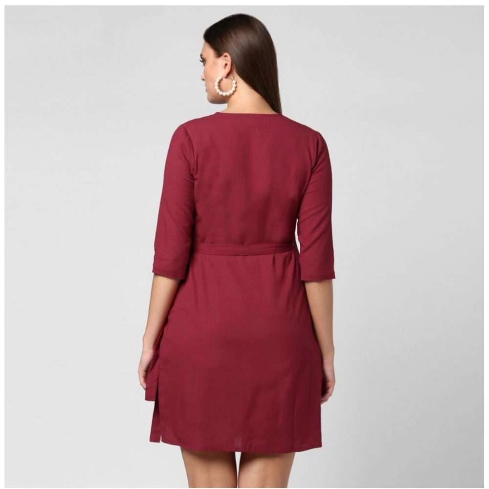 Cotton Solid 3-4th Sleeves Above Knee Dress (Maroon) - Image 6